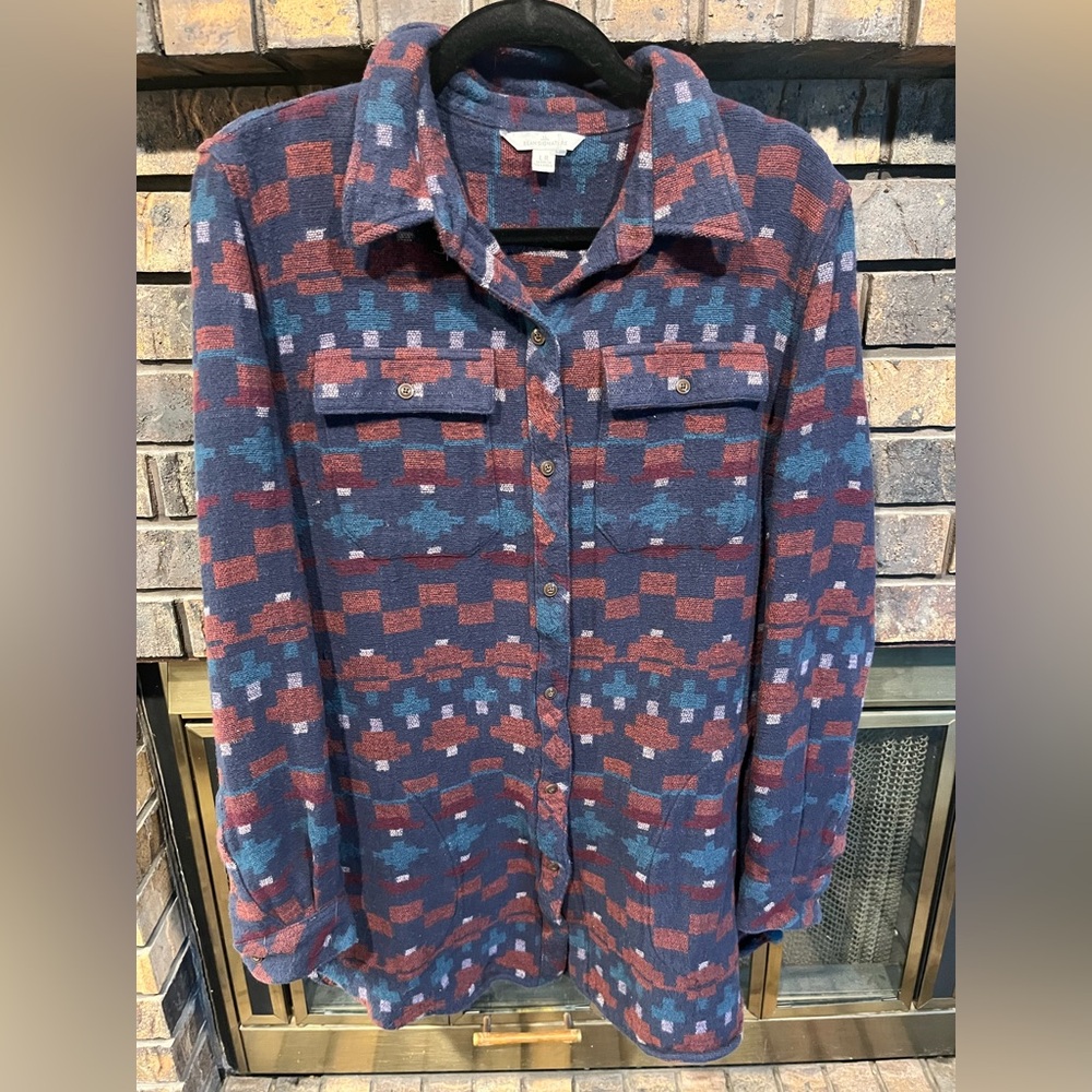 L.L. Bean Blue and Red Utility Jacket with Geometric Pattern